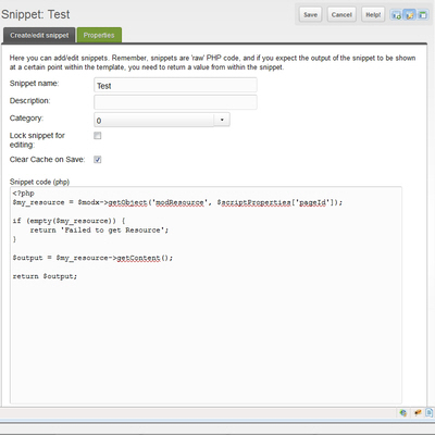 MODX Create-Edit Snippet Panel